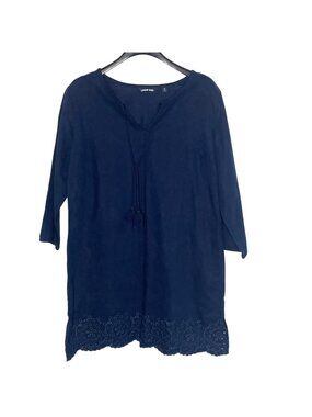 Lands' End Eyelet Lace Tassel Tie Linen Blend Swim Cover Sz MED (10-12) Boho